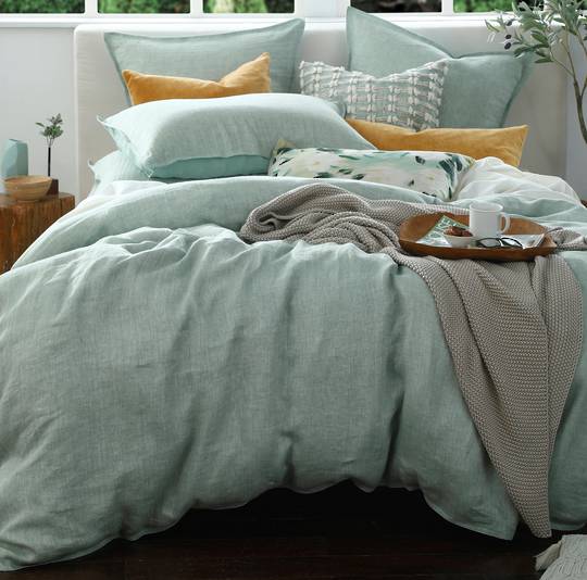 MM Linen - Herringbone Linen Duvet Set - Sage / Eurocases